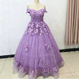 Women Luxury Embroidery Tulle Puffy Off Shoulder Party Evening Dress（Processing time need 3-6 days）
