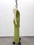 Women African Chic Slim Fitted Ruffle Edge Pleated High Waist Bodycon Long Dress