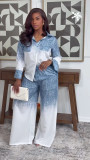 Women African Chic Patchwork Color Block Long Sleeve Turndown Collar Shirt & High Waist Pants Two-Piece Set