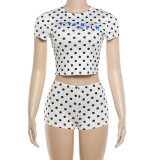 Spring & Summer Women Sexy Crop T-Shirt & Bodycon Polka Dot Printed Shorts Two-Piece Set