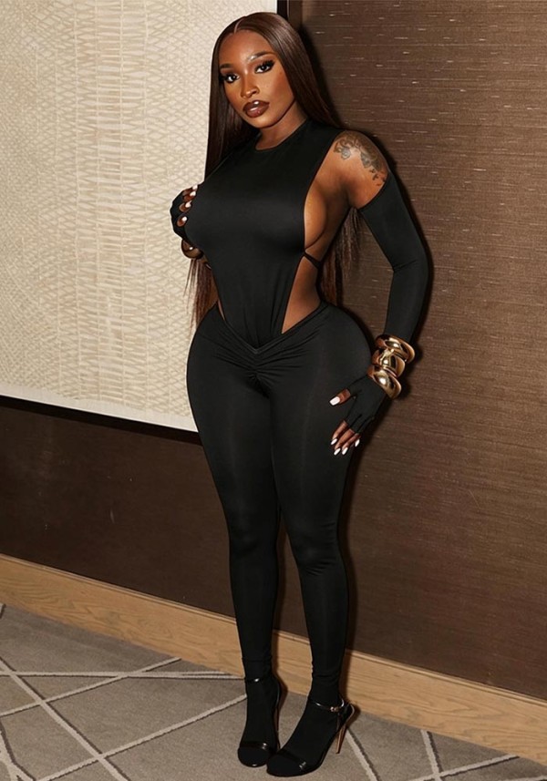 Summer Women Round Neck Sleeveless Double Side Hollow Out Bodysuit & Tight Pants Two-Piece Set