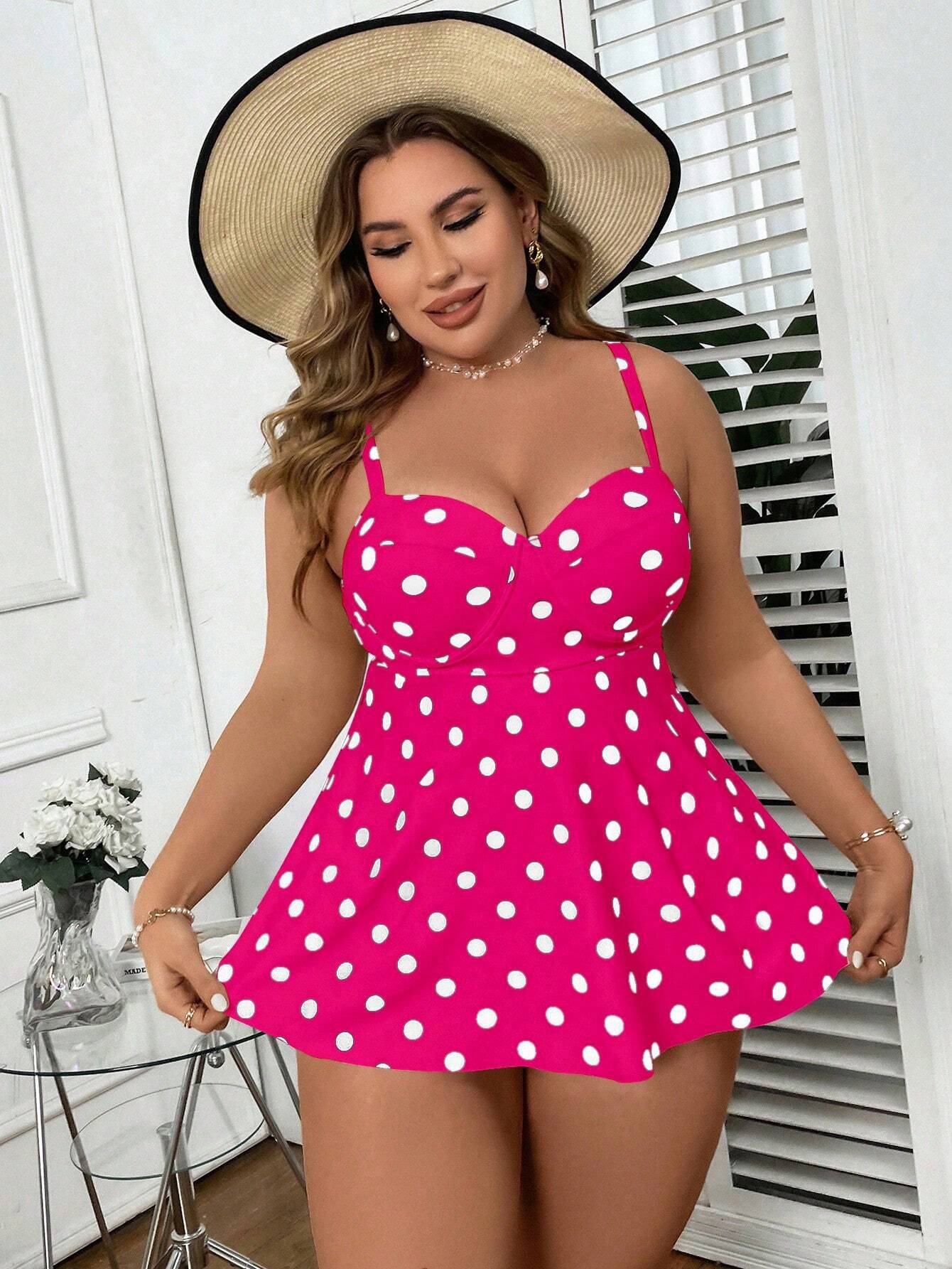 Plus Size Polka Dot Printed Swim Dress
