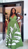 Women African Sexy Printed Slim Waist Strap Long Maxi Dress Evening Gown