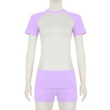 Women Color Block Casual Sporty Short Sleeve Top & Solid Shorts Two-Piece Set