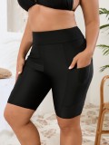 Women Plus Size Solid Black High Waist Pocket Tight Slim Fit Swim Shorts