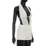 Spring & Summer Women Halter Neck Metal Button Patchwork Low Back Pleated High Waist Short Two-Piece Set