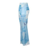 Summer Women Blue Painting Printed Mesh Bell Bottom High Waist See-Through Wide Leg Pants