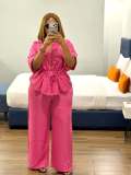 Women African Chic Turndown Collar Zip Lace-Up Slim Waist Solid Shirt & Pants Two-Piece Set