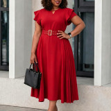 Summer Women Ruffled Short Sleeve Solid High Waist Pleated Maxi Dress