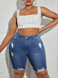 Summer Women Denim High Waist Elastic Slim Fit Washed Knee-Length Shorts