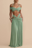 Women Halter Neck Off Shoulder Pleated Sexy Crop Hollow Out Top Long Skirt Two-Piece Set