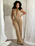 Women Sexy Mesh Halter Neck Cowl Neck Low Back Solid Two-Piece Pants Set