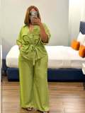Women African Chic Turndown Collar Zip Lace-Up Slim Waist Solid Shirt & Pants Two-Piece Set