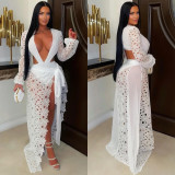 Women sexy mesh lace V Neck slit dress