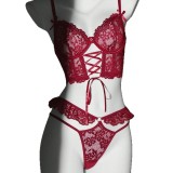 Women Lace Cross Lace-Up Hollowed-out Thong Lingerie Set