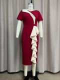 Women Ruffle Color-Blocked Short-Sleeve Bodycon Dress