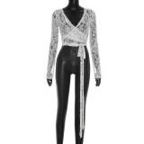 Women summer sexy V-neck lace-up long-sleeved T-shirt top