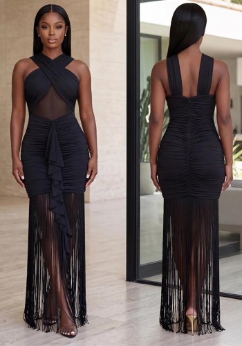 Women Sexy Black Cross Halter Neck Tassel Maxi Dress