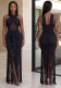 Women Sexy Black Cross Halter Neck Tassel Maxi Dress