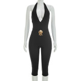 Women V-Neck Halter Neck Lace-Up Cropped Jumpsuit
