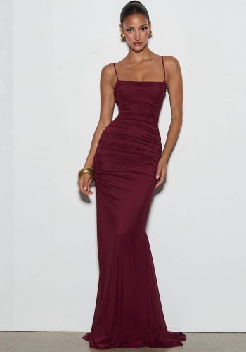 Women Spring Thin Strap Pleated Evening Maxi Dress