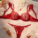 Women Bra Burgunry Embroidered Print See-Through Lingerie