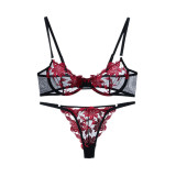 Women Embroidered Floral See-Through Sexy Bra Panties Lingerie Set