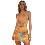 Women Sexy Print Slash Shoulder V Neck Pleated Bodycon Dress