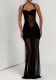 Women French Halter Neck Mesh Sexy Pleated Maxi Dress