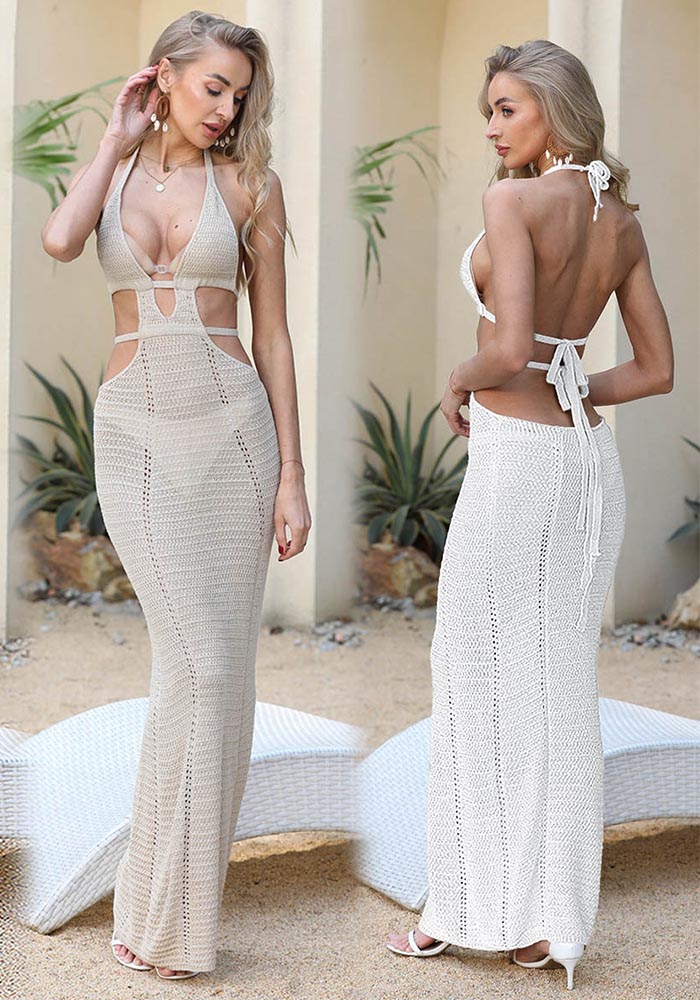 Hollow-Out Lace-Up Cover-Up Maxi Dress for Summer Beachwear