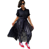 Women Mesh Patchwork Black and white short-sleeved dress