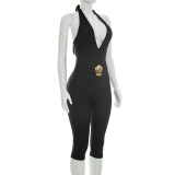 Women V-Neck Halter Neck Lace-Up Cropped Jumpsuit