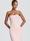 Women Spring Thin Strap Pleated Evening Maxi Dress