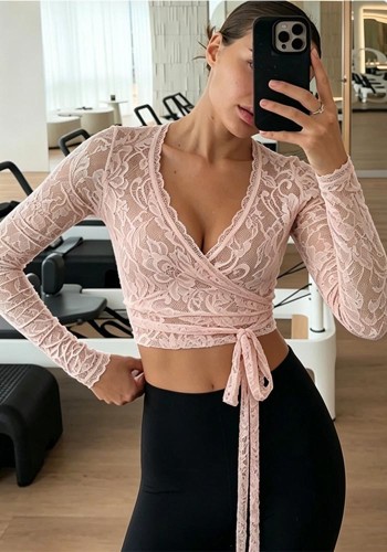 Women summer sexy V-neck lace-up long-sleeved T-shirt top