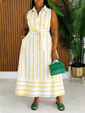 Women Striped Shirt Turndown Collar Sleeveless Tie Holidays Maxi Dress