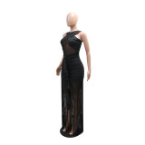 Women Sexy Black Cross Halter Neck Tassel Maxi Dress