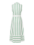 Women Striped Shirt Turndown Collar Sleeveless Tie Holidays Maxi Dress
