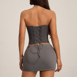 Women Black and White Color Block Strapless See-Through Mesh Lace-Up Strapless Fishbone Corset