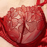 Women Bra Burgunry Embroidered Print See-Through Lingerie