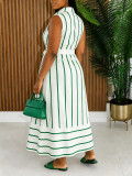 Women Striped Shirt Turndown Collar Sleeveless Tie Holidays Maxi Dress