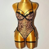 Women Leopard Print Hollowed-out Lace Bodysuit Lingerie