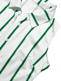 Women Striped Shirt Turndown Collar Sleeveless Tie Holidays Maxi Dress