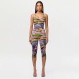 Women Printed Sleeveless Bodysuit and Capri Pants Two-Piece Set