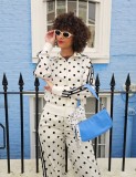 Women Polka Dot Casual Stand Collar Top and Wide-Leg Pants Two-Piece Set