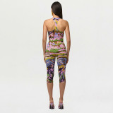 Women Printed Sleeveless Bodysuit and Capri Pants Two-Piece Set