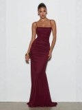 Women Spring Thin Strap Pleated Evening Maxi Dress