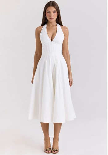 Women Summer Backless Drawstring Tie-Wear Strap Dress