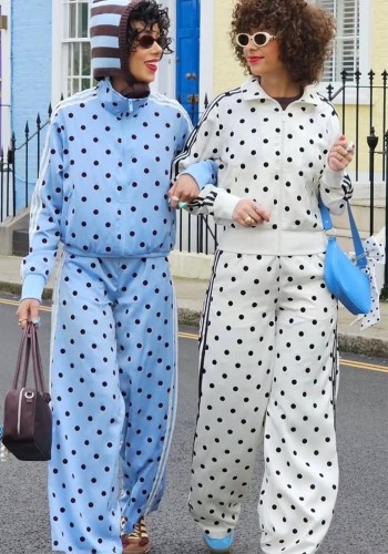Women Polka Dot Casual Stand Collar Top and Wide-Leg Pants Two-Piece Set