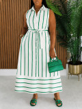Women Striped Shirt Turndown Collar Sleeveless Tie Holidays Maxi Dress