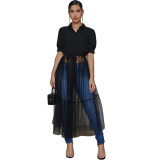 Women Mesh Patchwork Black and white short-sleeved dress